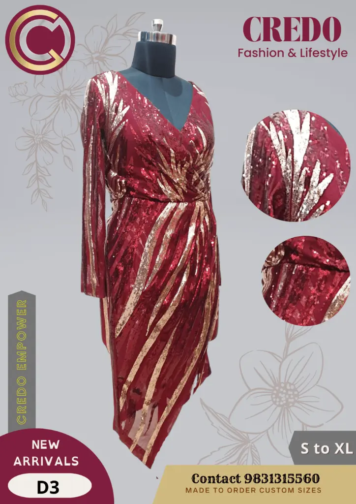 Red with Golden Sequence Partywear Dress-Red-2.webp