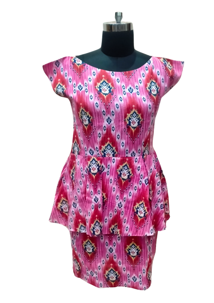[womens-pink-cotton-printed-peplum-dress-pink-1] women's pink Cotton printed peplum dress