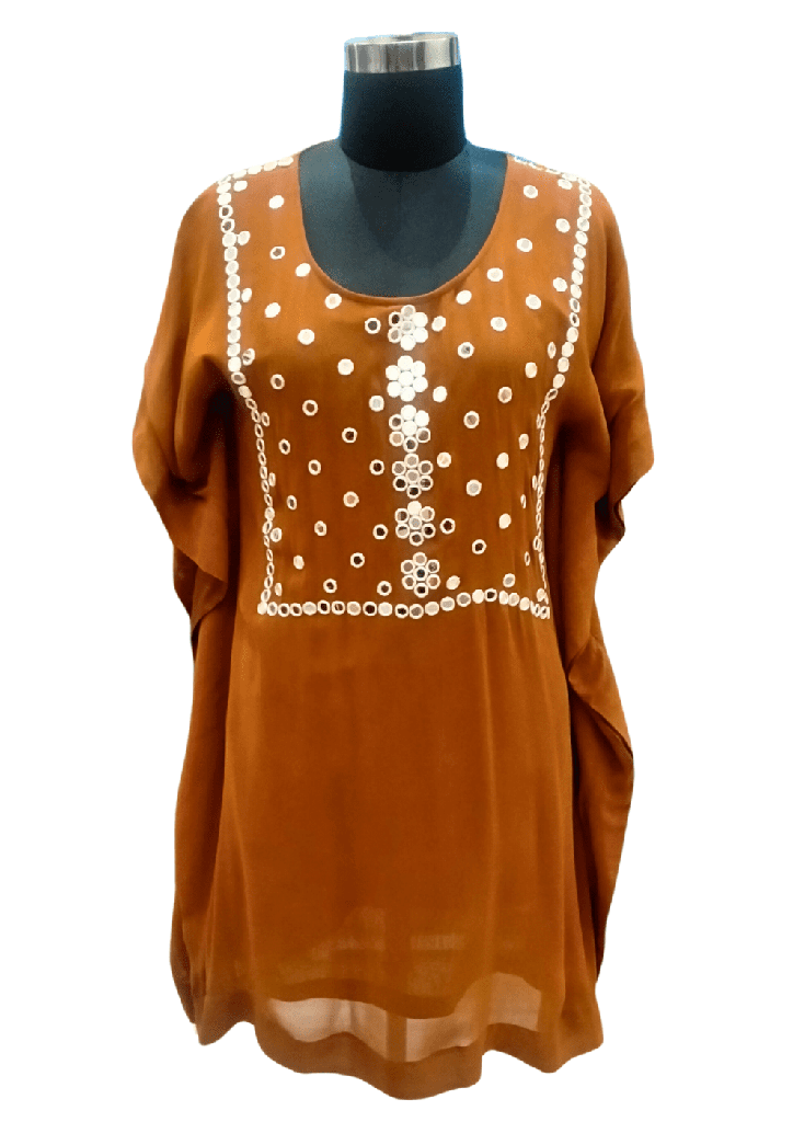[womes-brown-colour-mirror-work-kaftan-medium-1] wome's Brown colour mirror work kaftan.