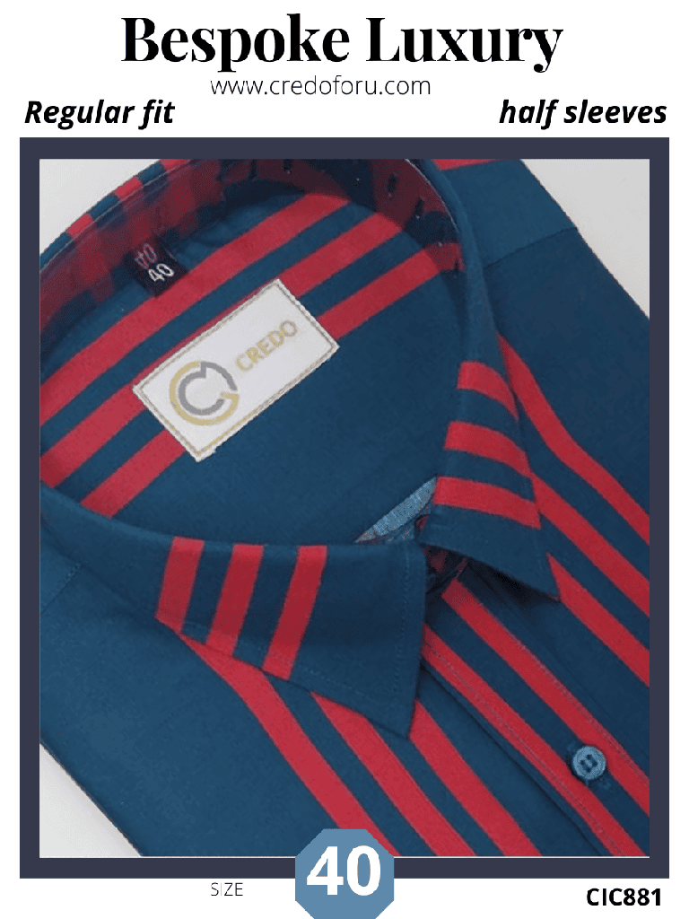 [red-stripe-on-dark-cyan-blue-half-sleeve-shirt-881-steelblue-1] Red stripe on dark cyan blue half sleeve shirt (881)