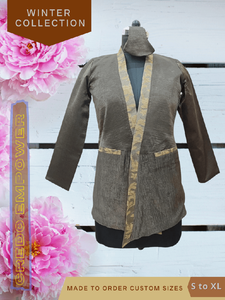[credo-gold-bordered-brown-tailored-jacket-xl] CREDO Gold Bordered Brown Tailored Jacket