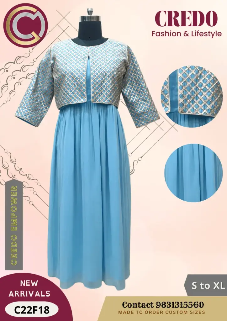 [sky-blue-dress-with-crop-jacket-skyblue-1] SKY BLUE Dress with Crop Jacket
