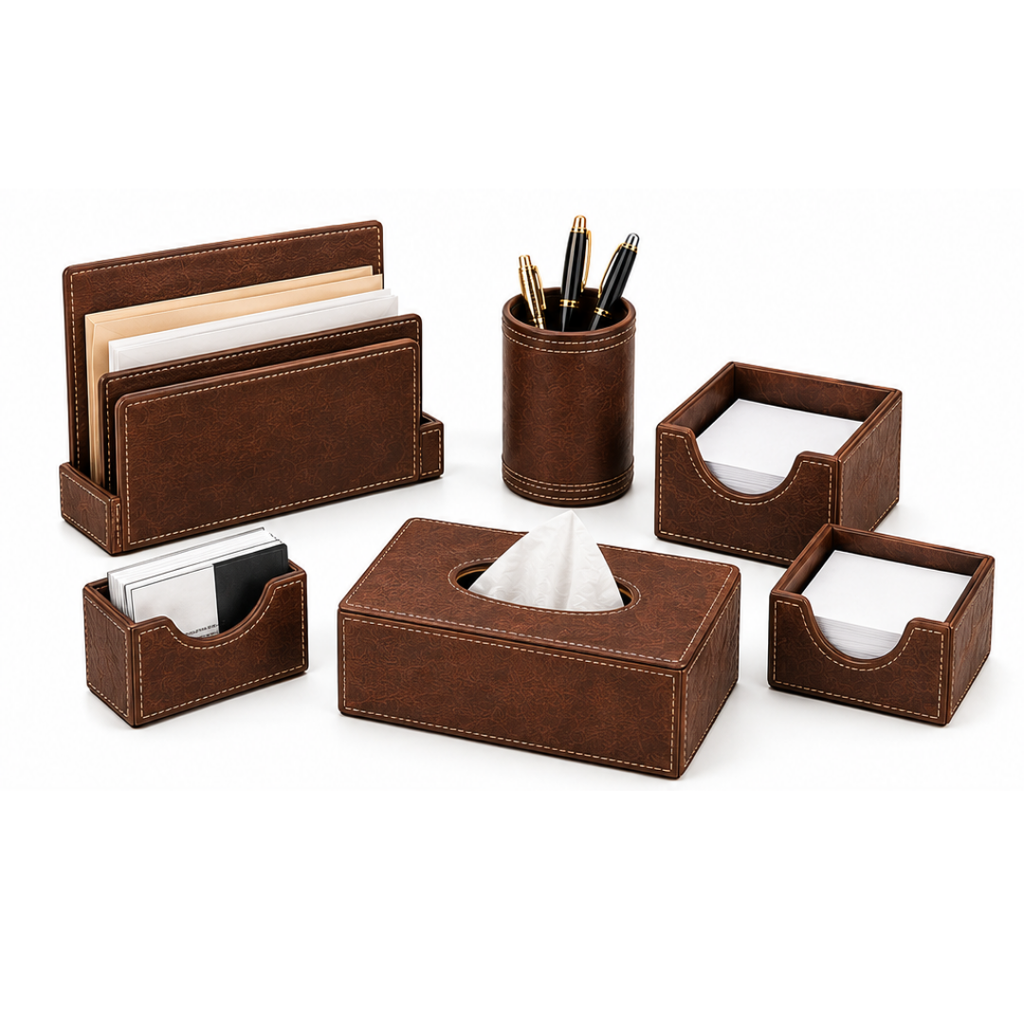 Premium Brown Leather Look 6-Piece Desk Accessories Set for Professionals