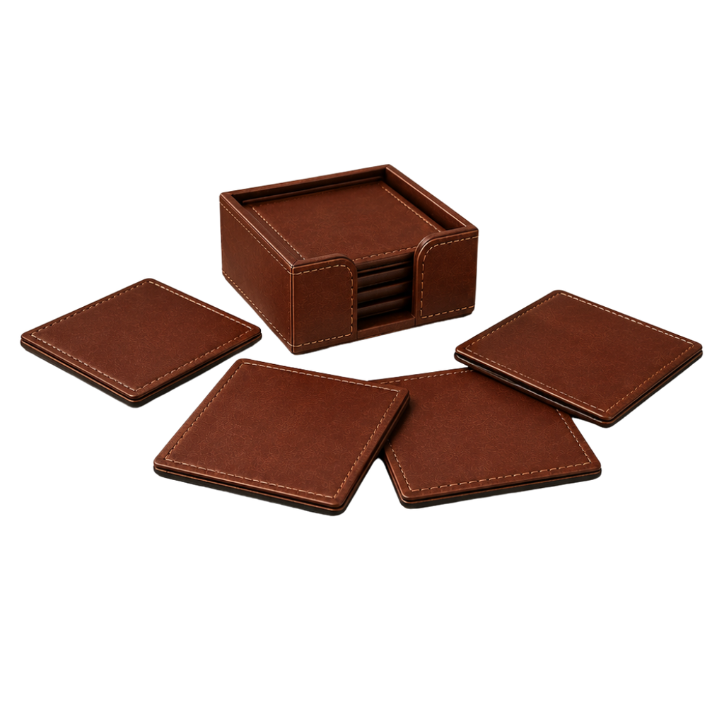[VK-131] Premium Brown Leather Look Coaster Set with Holder for Home & Office