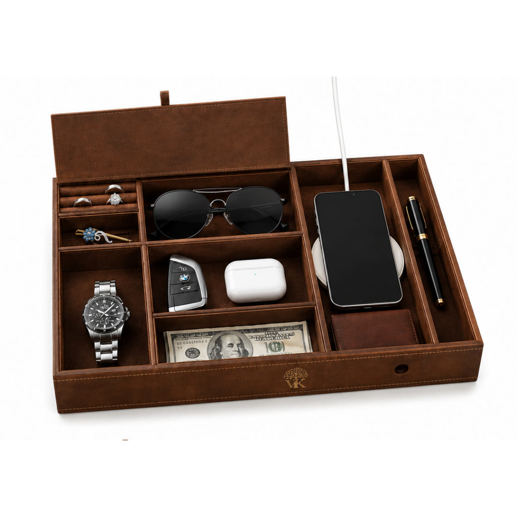 Premium Brown Leather Look Multi-Compartment Accessories Organizer for Men