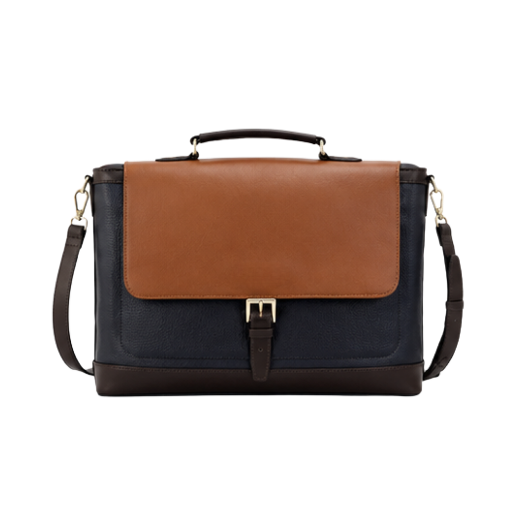 [VK-111] Premium Navy & Tan Leather Look Laptop Messenger Bag for Men